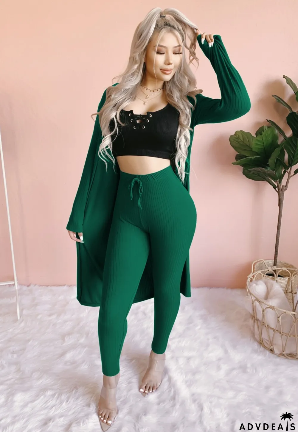 Fall Sexy Green Rib Long Sleeve Cardigan And Matched High Waist Skinny Pants Set