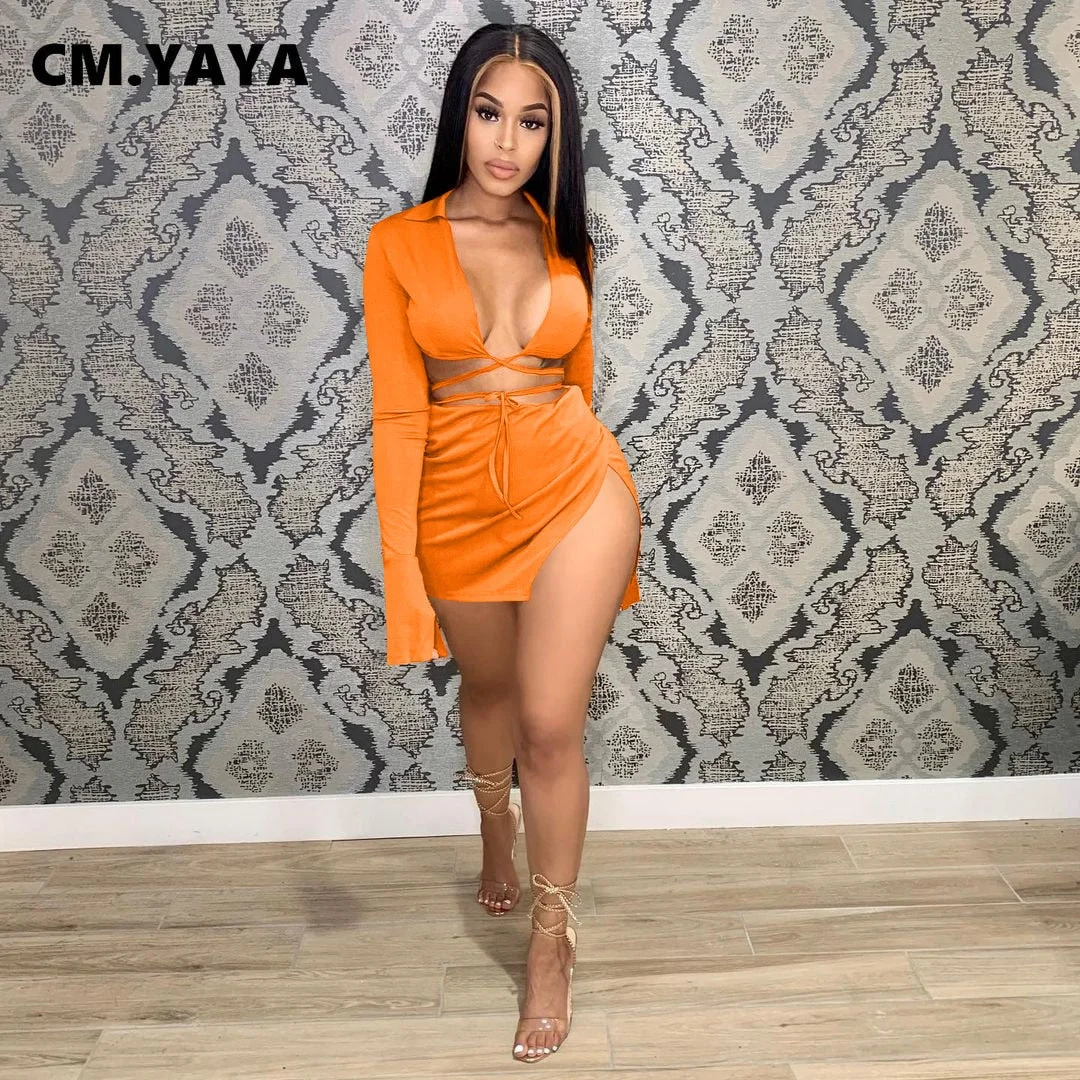 CM.YAYA Women Side Split Mini Midi Skirts Suit and Lace Up Mini Shirt Tops Beach Holiday Sexy Matching Two 2 Piece Set Outfits