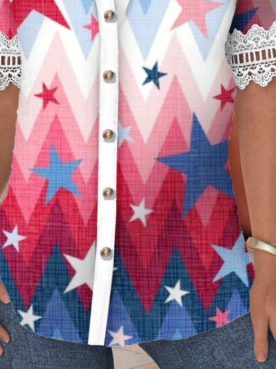 Women Short Sleeve Shirt Collar National Flag Striped Printed Graphic Button Lace Tops