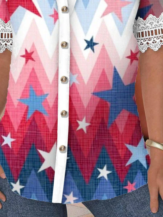 Women Short Sleeve Shirt Collar National Flag Striped Printed Graphic Button Lace Tops