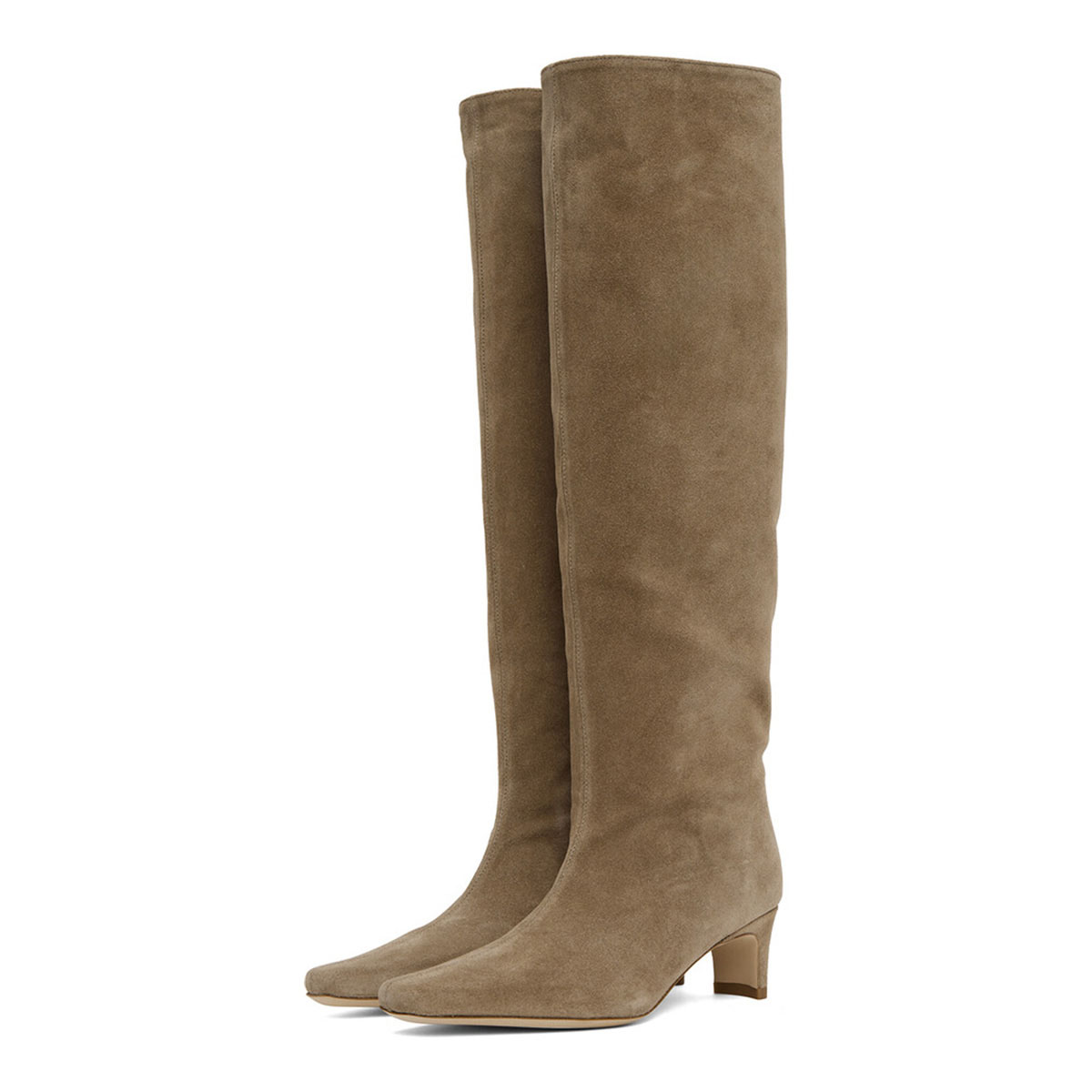 Taupe Square Toe Block Heel Pull-On Knee High Boots for Women Nicepairs