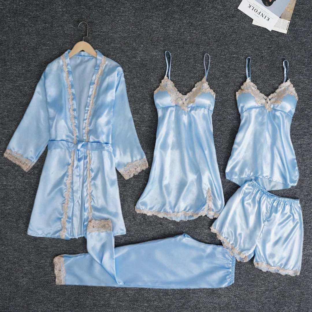 Uveng Uveng Pajamas With Thoracic Silk Sexy Slings Gold Five-Piece Set Of Pajamas Thin Homewear