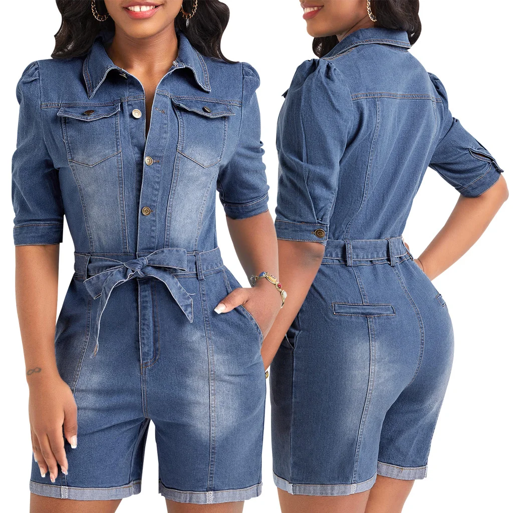 Women's Casual Denim Romper with Belts 