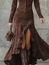 Retro Brown Irregular Ruffle Lapel Long Dress