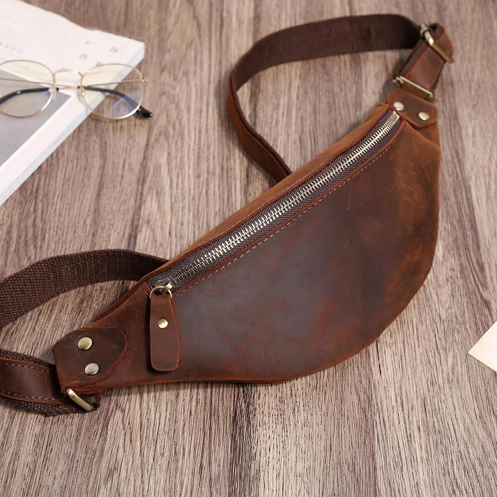 Luxury Crazy Horse Leather Chest Bag Fanny Pack Mens Waist Bag Custom Logo Male Waist Pack For Phone Pouch Outtoor Sport Bum Bag