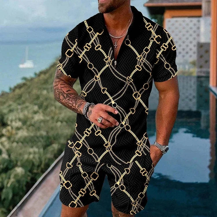 Men's casual printed polo suit