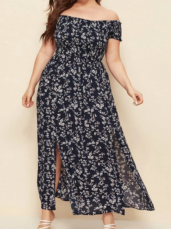 Women's Short Sleeve Off-shoulder Floral Printed Graphic Maxi Dress