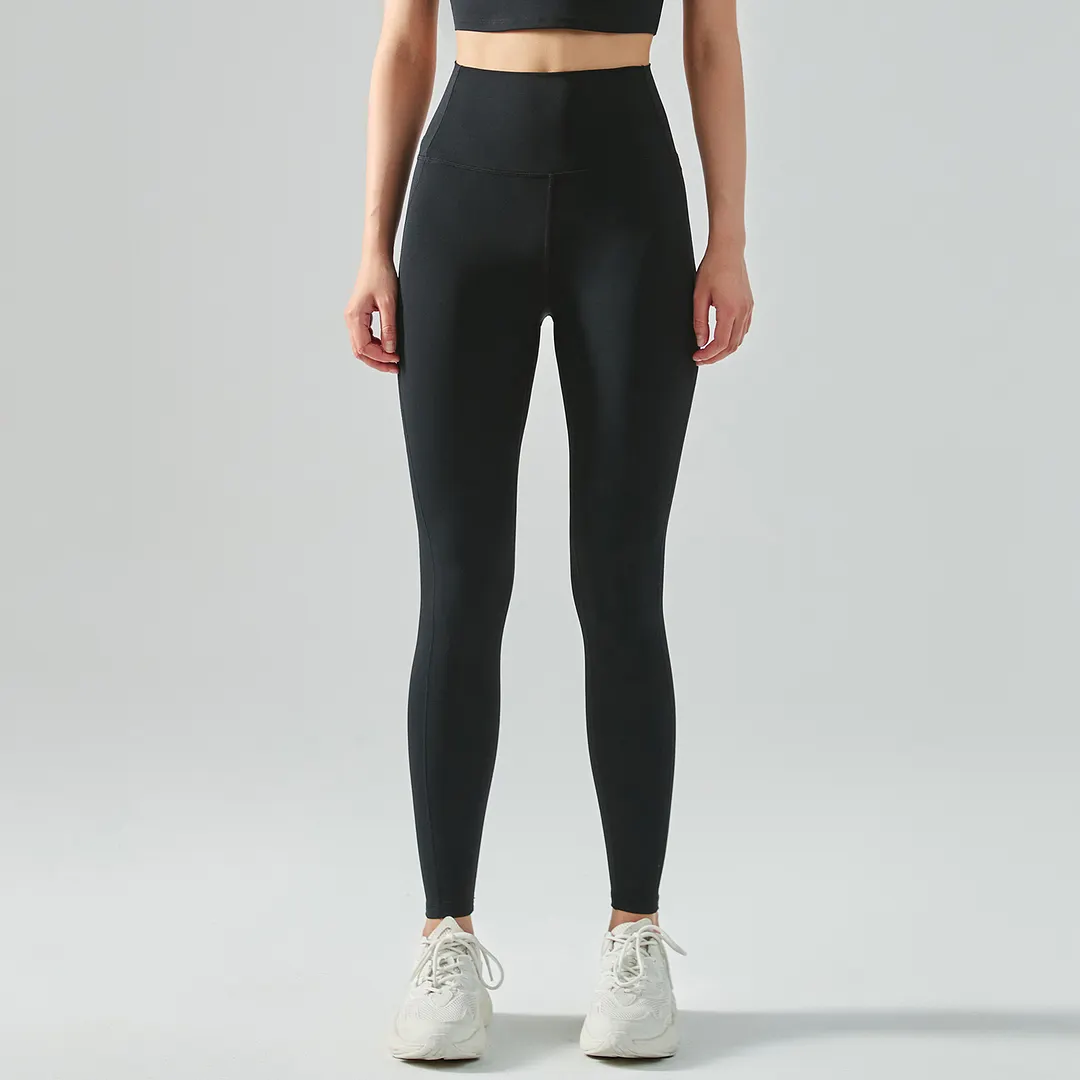 Hergymclothing Black women's mid strength side cross widened waist tummy control moisture wicking traceless sports tight capri leggings online shopping