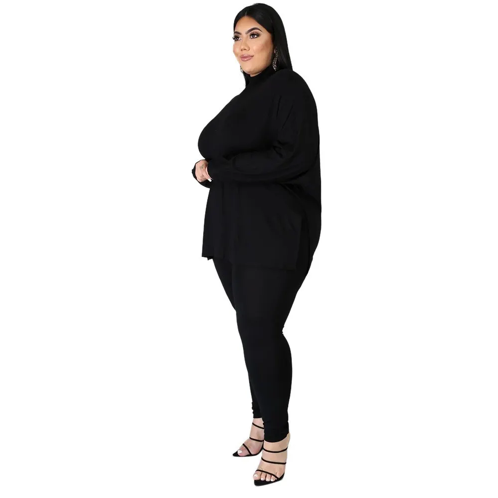 Autumn And Winter High Collar Solid Color Slit Long Sleeve Womens Casual Sports Two Piece
