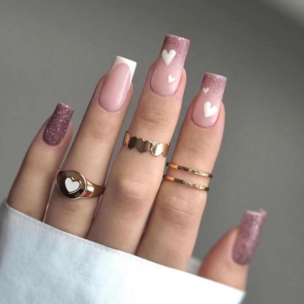 Bonuscrustbros 24pcs Square False Nails Glitter Heart White Crackle Fake Nails Full Cover Press on Nails Nail Tips DIY Women Girls Nails