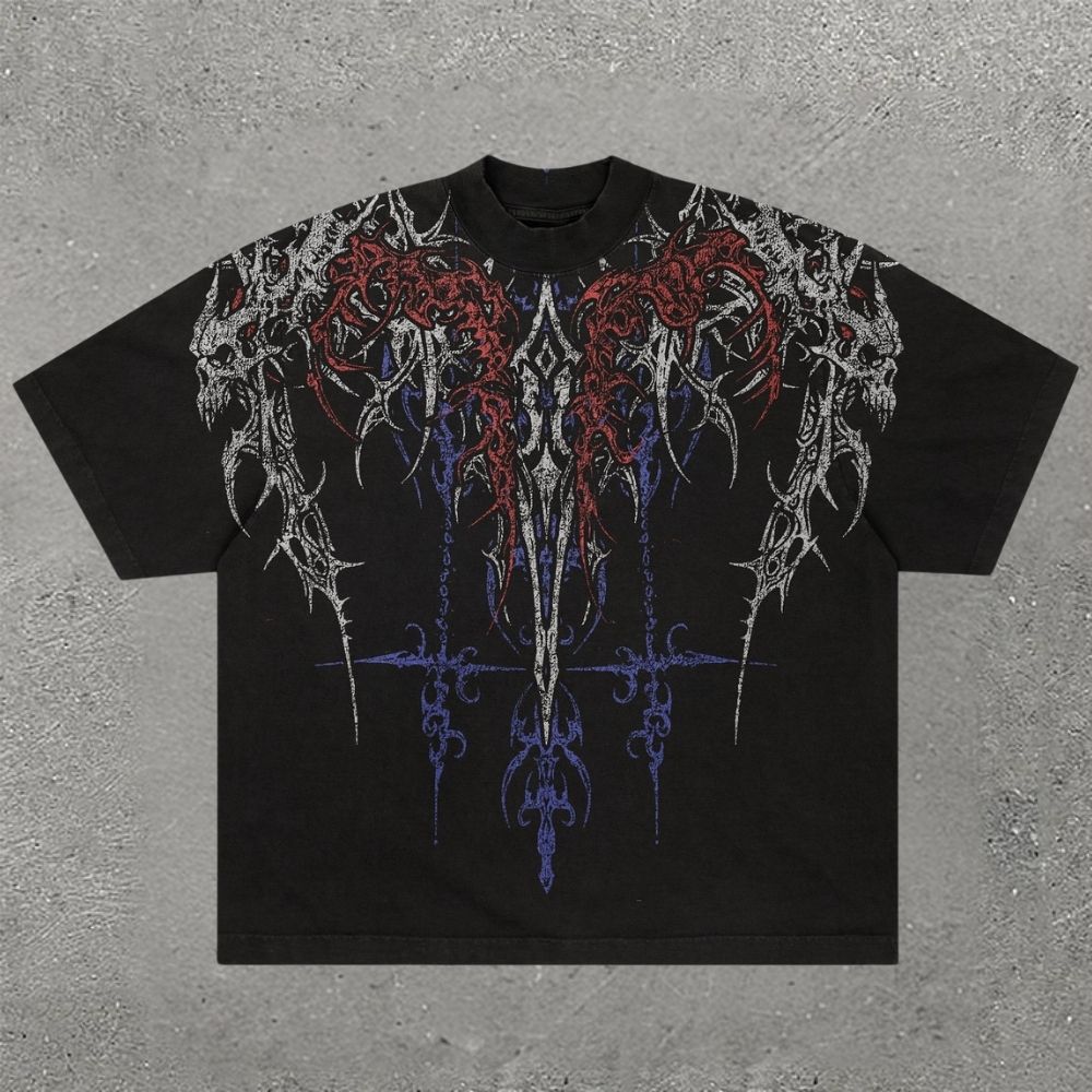 Red & Blue Ornamental Skull Cross T-shirt