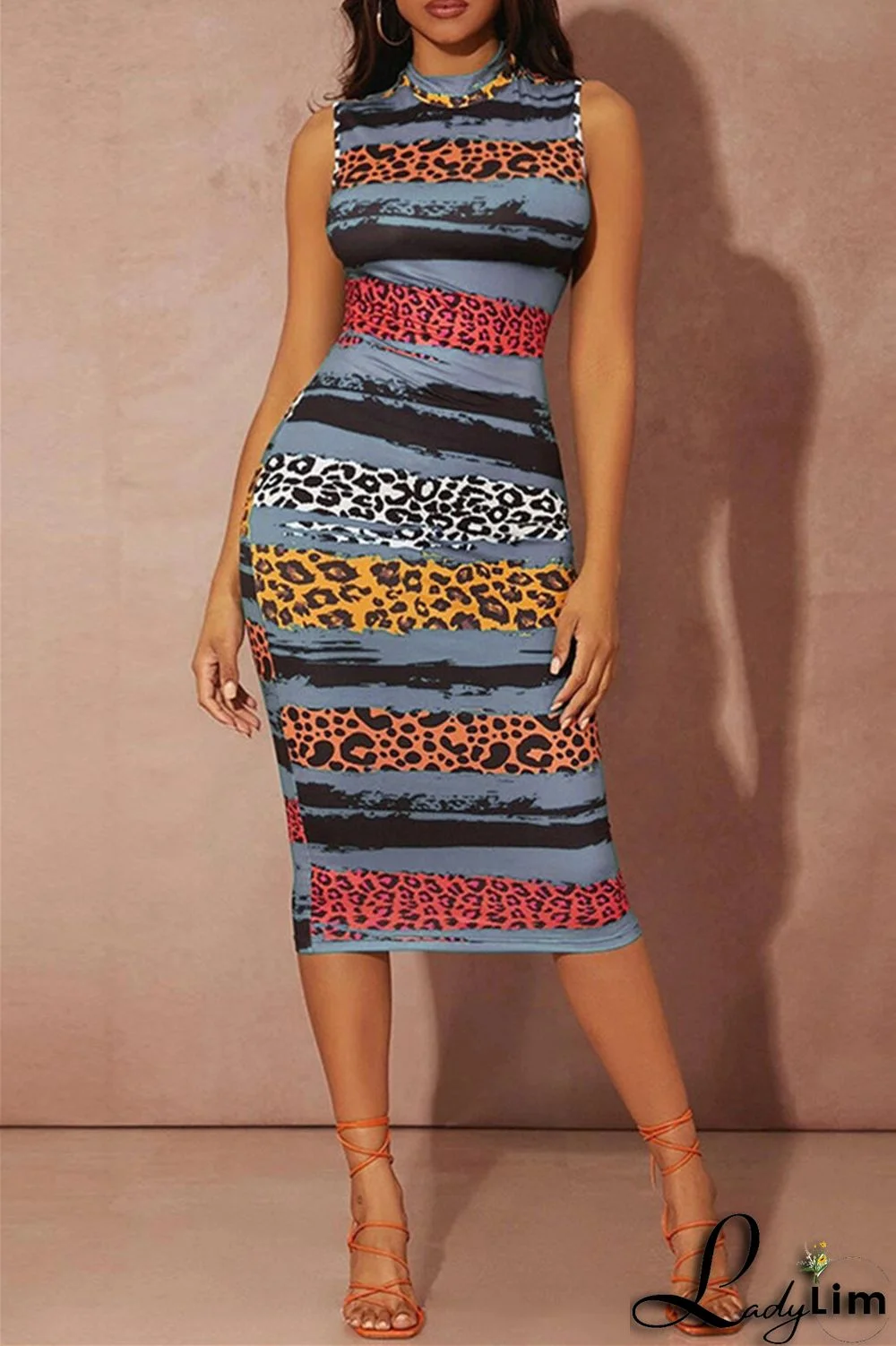 Green Fashion Casual Print Basic Half A Turtleneck Sleeveless Dress