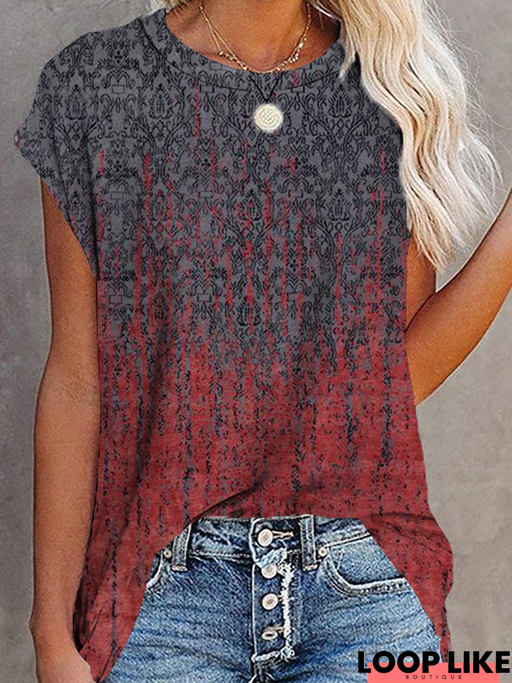 Paisley  Short Sleeve  Printed  Cotton-blend  Crew Neck  Vintage  Summer  Red Tunic Top