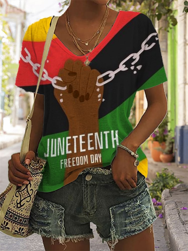 Juneteenth Freedom Day Colorblock V Neck T Shirt