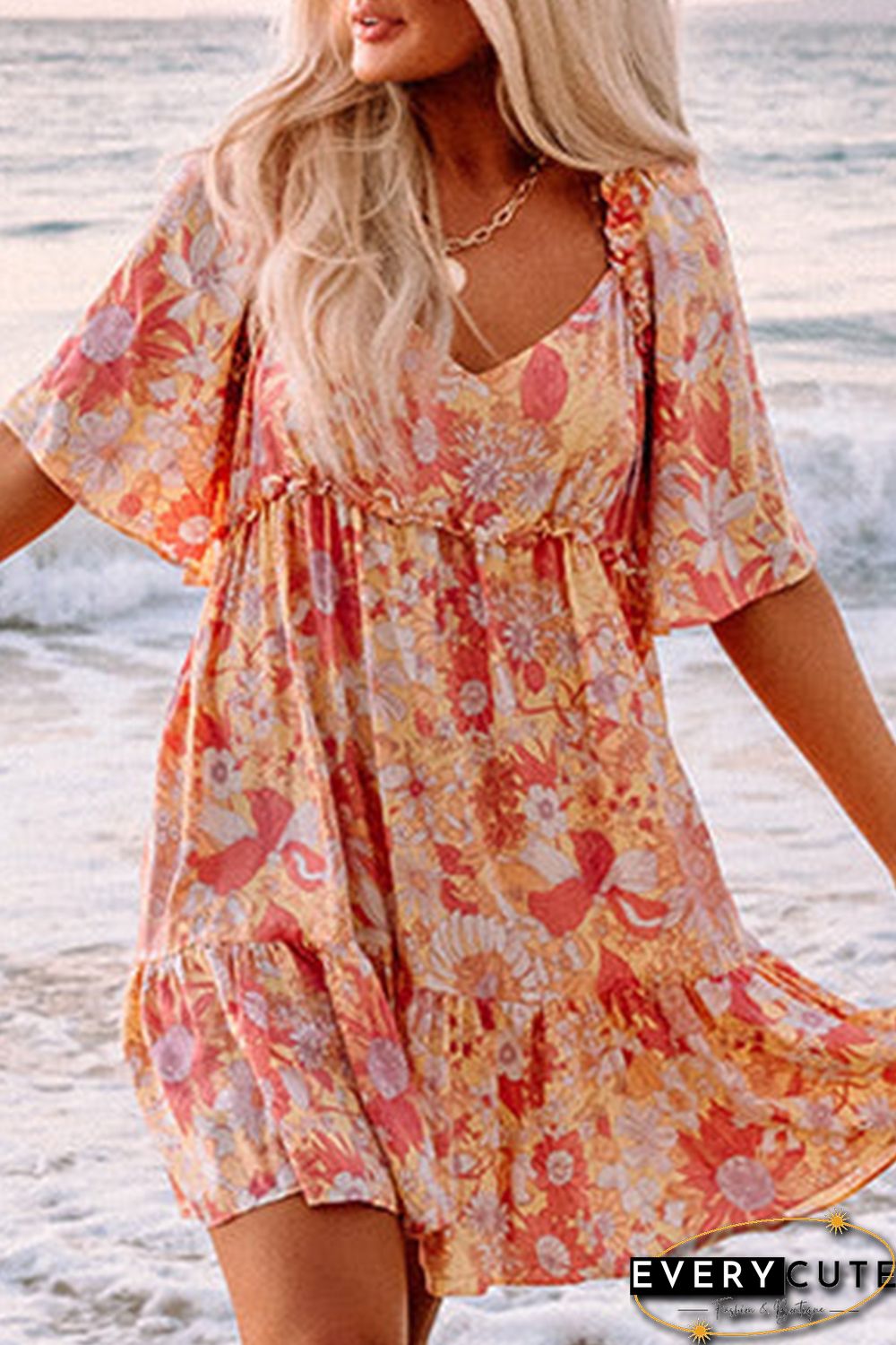 Orange Wide Flutter Sleeve Floral Dress