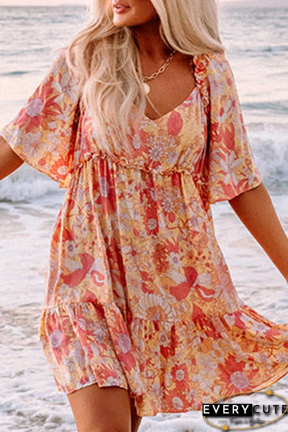 Orange Wide Flutter Sleeve Floral Dress