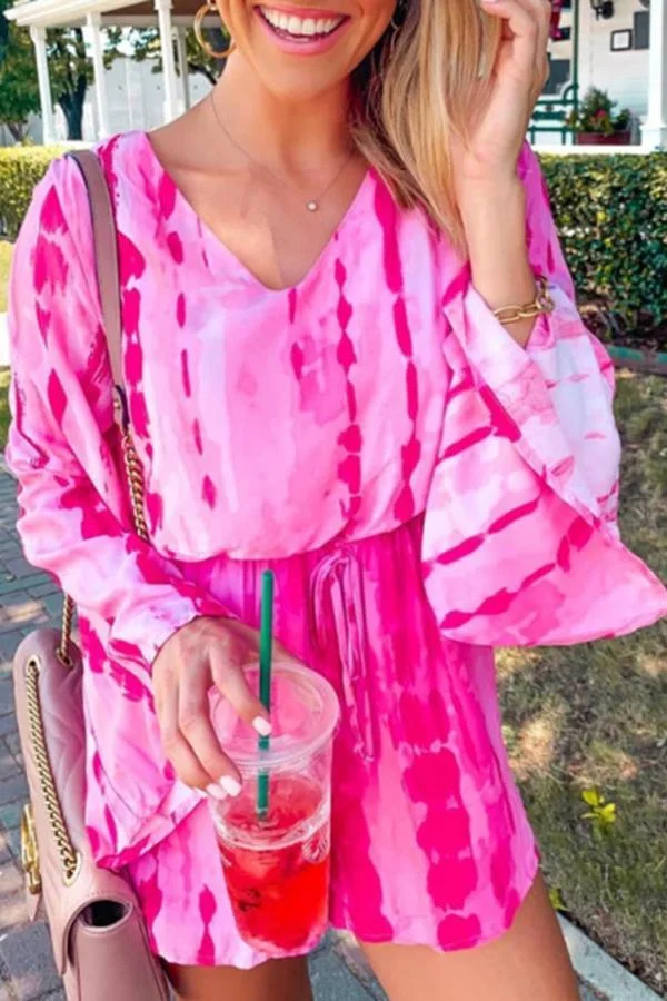 Womens Tie-dye Trumpet Sleeve Romper-Allyzone-Allyzone