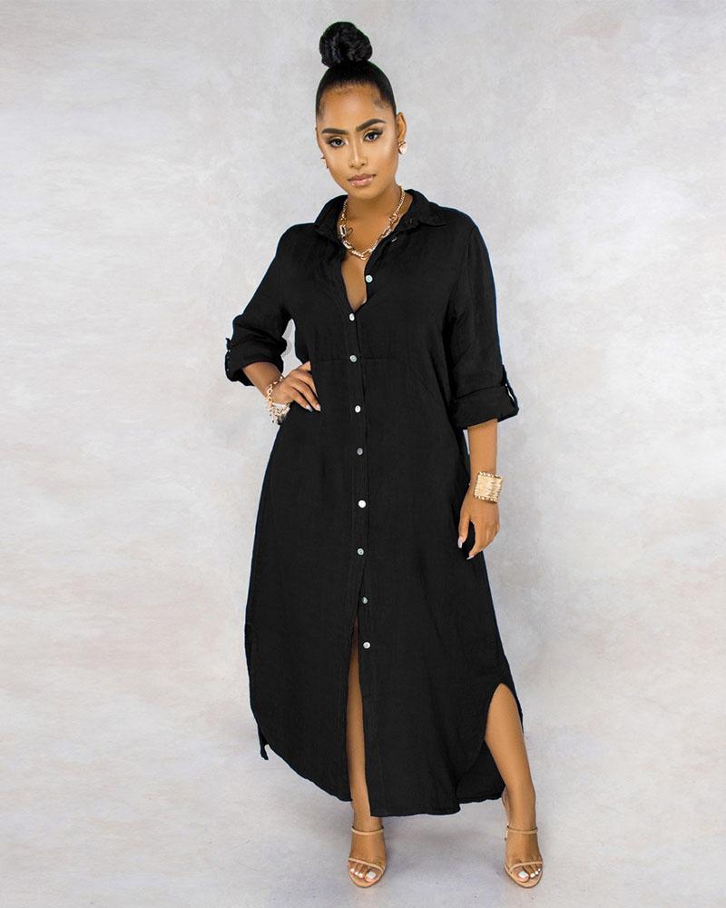 Solid Color Buttons Down Side Slit Shirts Maxi Dresses