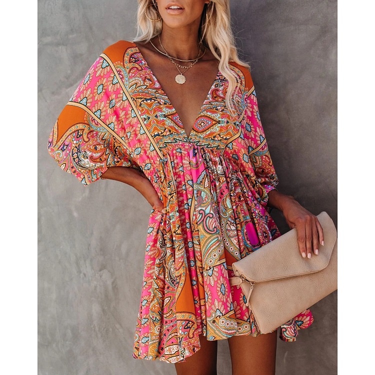 Multicolour V Neck 3/4 Sleeve Bohemian Print Dress