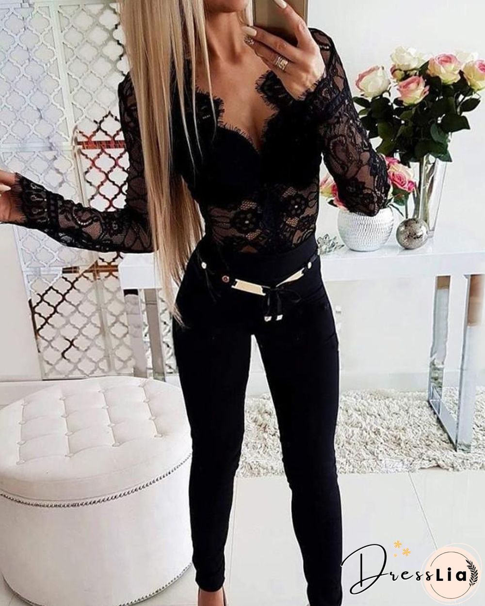 Sheer Eyelash Lace Long Sleeve Bodysuit P14708