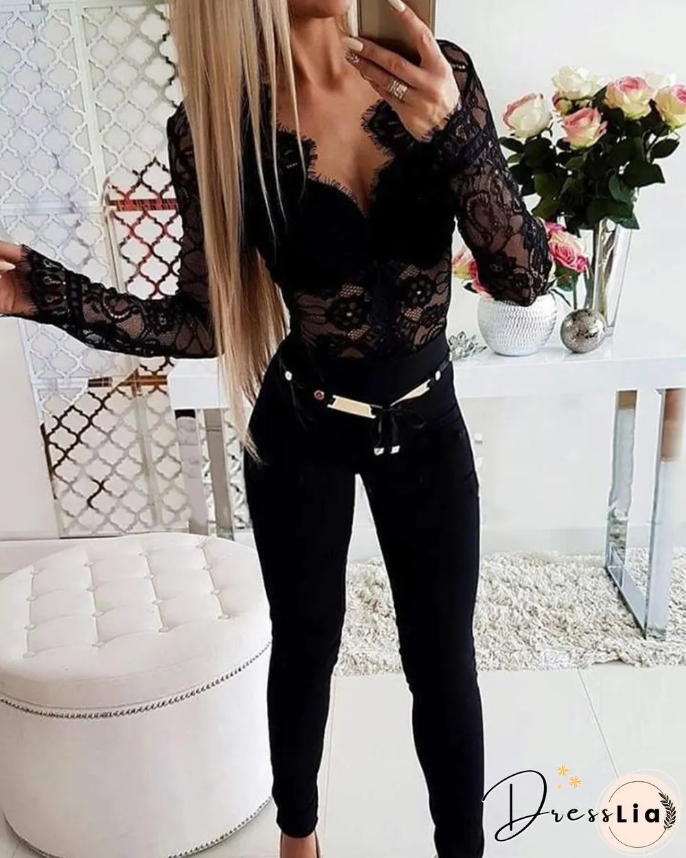 Sheer Eyelash Lace Long Sleeve Bodysuit P14708