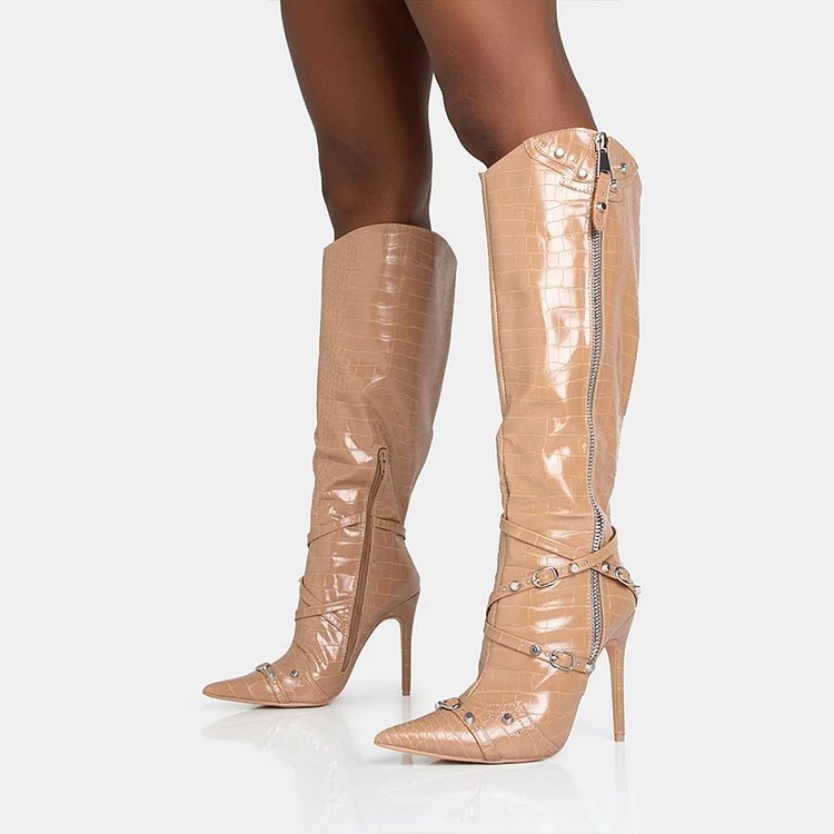Nude Stiletto Heel Snakeskin Shoes Elegant Pointy Toe Studs Knee Boots |FSJ Shoes