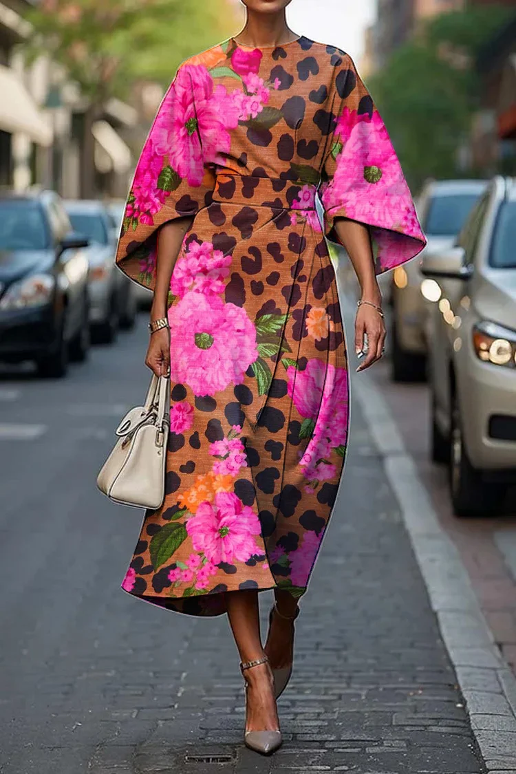 Women's Elegant Leopard Floral Print Midi Dress