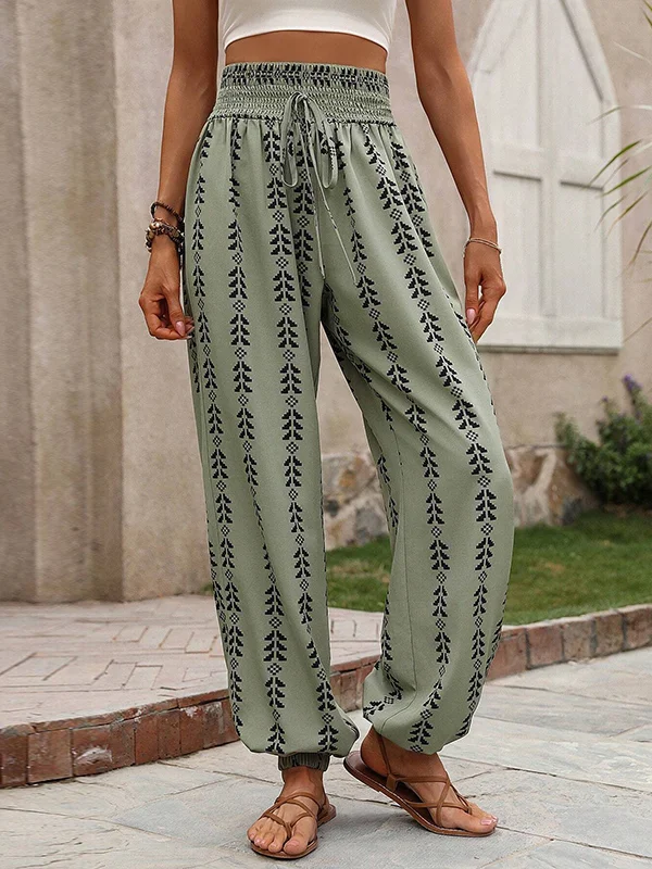 Drawstring Elasticity Pleated Printed High Waisted Loose Trousers Pants Knickerbockers