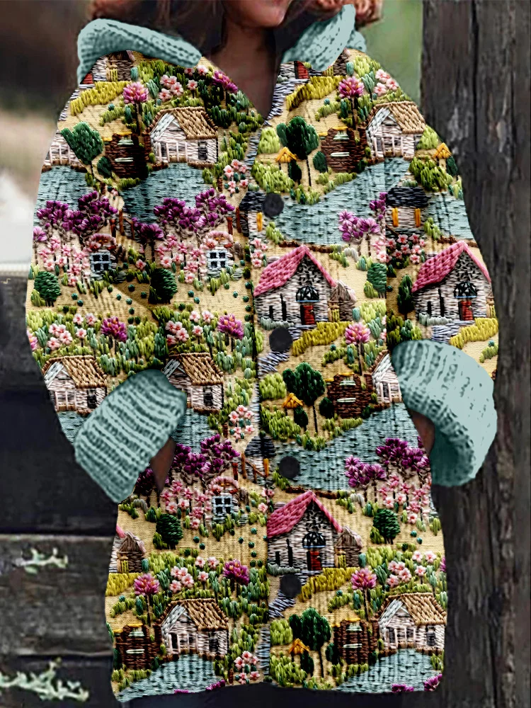 Comstylish Farm Landscape Embroidery Art Cozy Hooded Cardigan