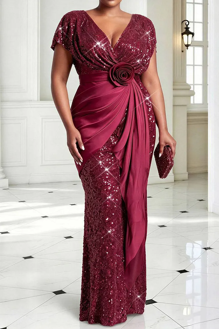 Xpluswear Design Plus Size Formal Satin Burgundy V Neck Short Sleeve 3D Contrast Sequin Maxi Dresses Burgundy-2XL/18-20
