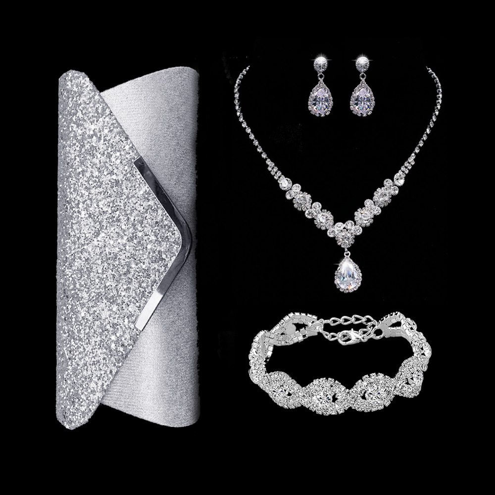 Elegant Silver Rhinestone Necklace Earrings Bracelet Handbag Four Pieces Jewelry Set 2024 - Flycurvy 