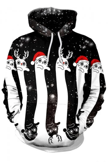 Womens Kangaroo Pocket Reindeer Printed Christmas Hoodie Dull Black-elleschic