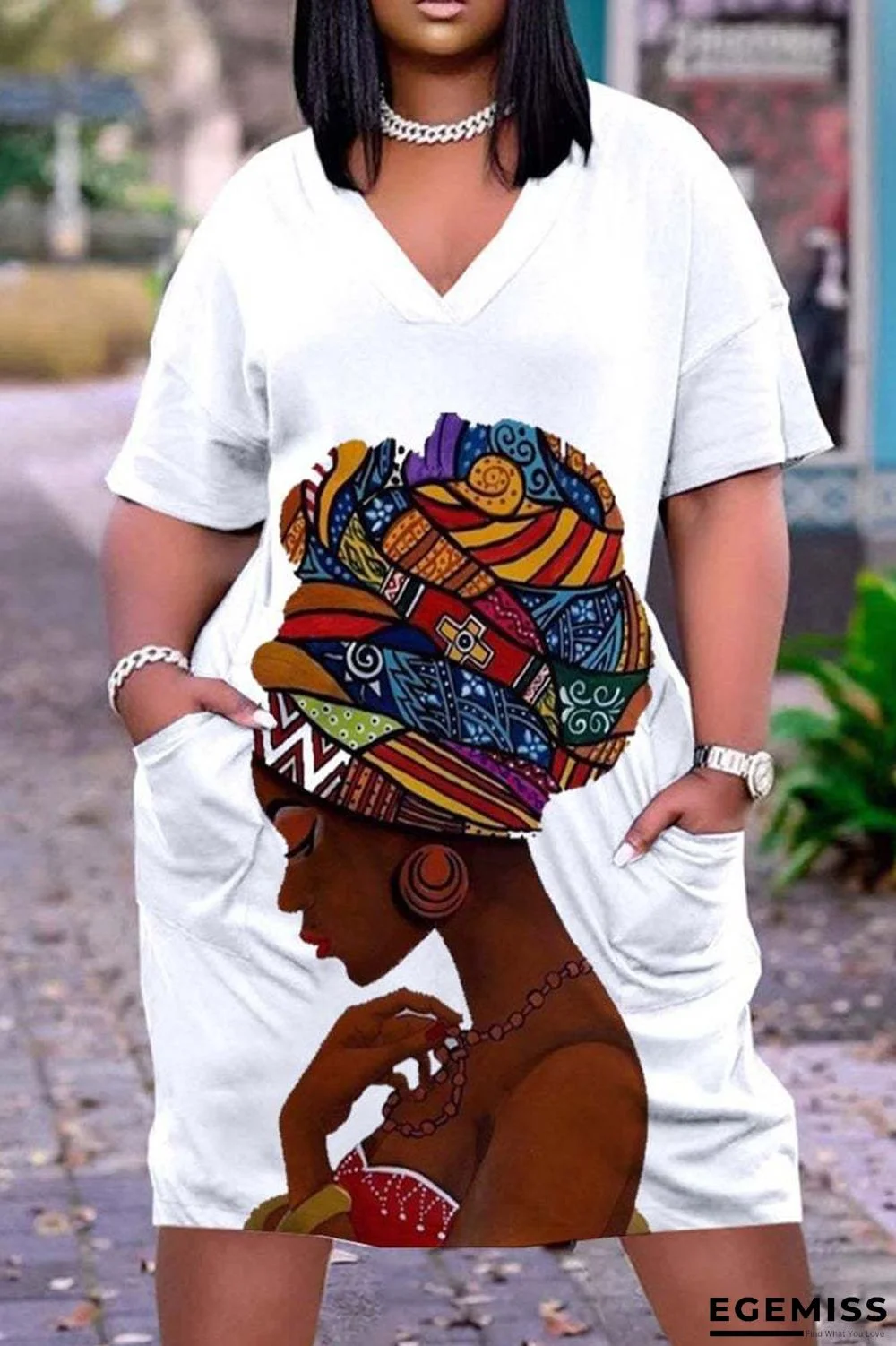 3D Printed Outdoor Fashion Casual Loose Plus Size Women's V-neck Sleeve Dress White Dresses | EGEMISS