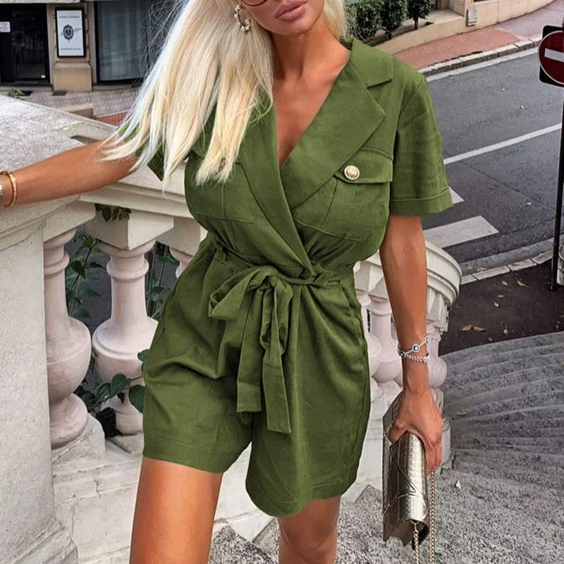 Women Jumpsuits 2021 Celmia Summer Suit Collar Cargo Rompers Short Sleeve Belted Work Playsuits Pocket Overalls