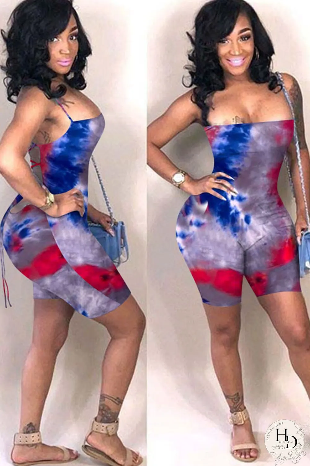 Green Fashion Sexy Coloured drawing Backless Polyester Sleeveless Slip Jumpsuits