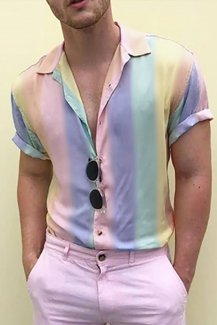 Men's Casual Gradient Stripe Turndown Collar Short Sleeve Shirt