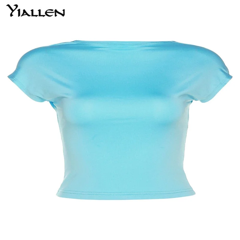 Yiallen Solid Sexy Concise T-shirt Women Skinny Short Sleeve Backless Body-Shaping Summer Simple Tops Female Hot Streetwear