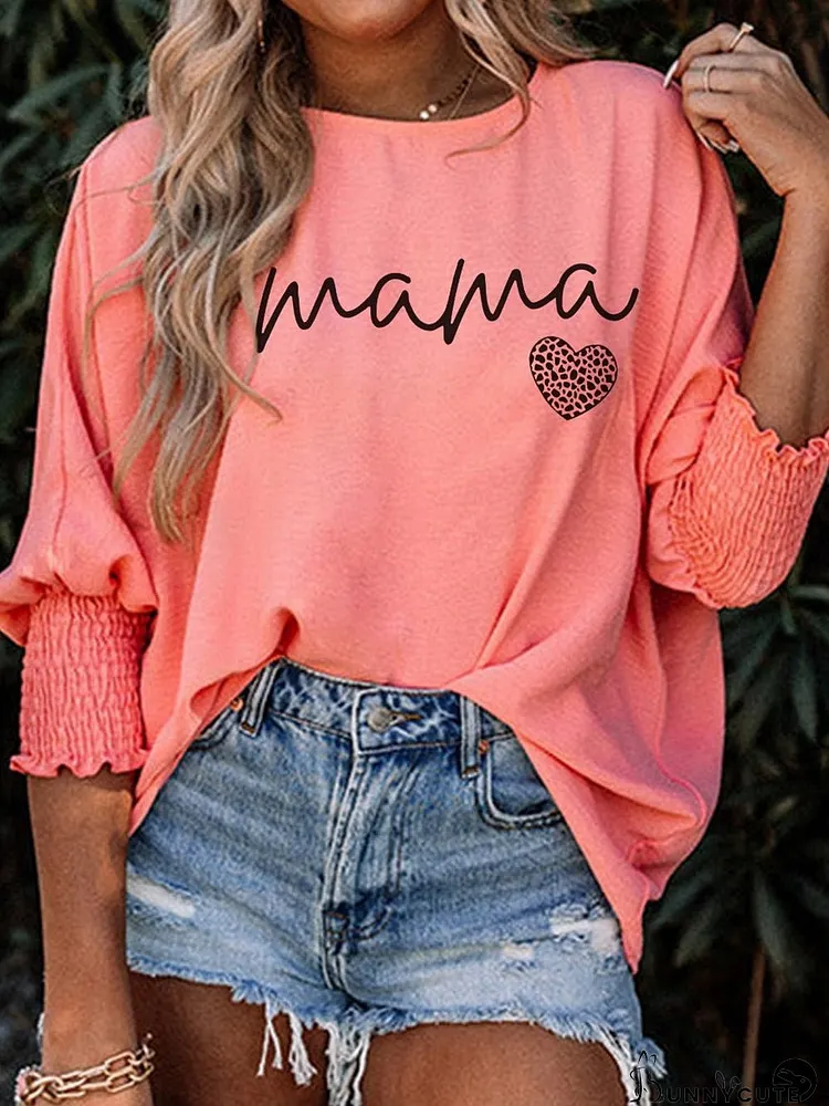 Pink Leopard Heart Mama Print Shirred 3/4 Sleeve Top