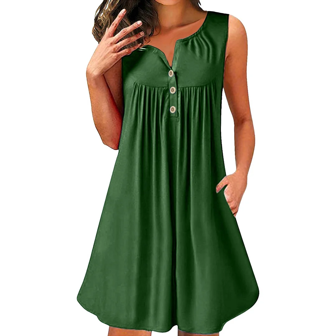 Elegant Button Down Elastic Waist Swing Women Dresses Summer Casual Sleeveless V Neck T-shirt Tank Dress Beach Cover Up Dress
