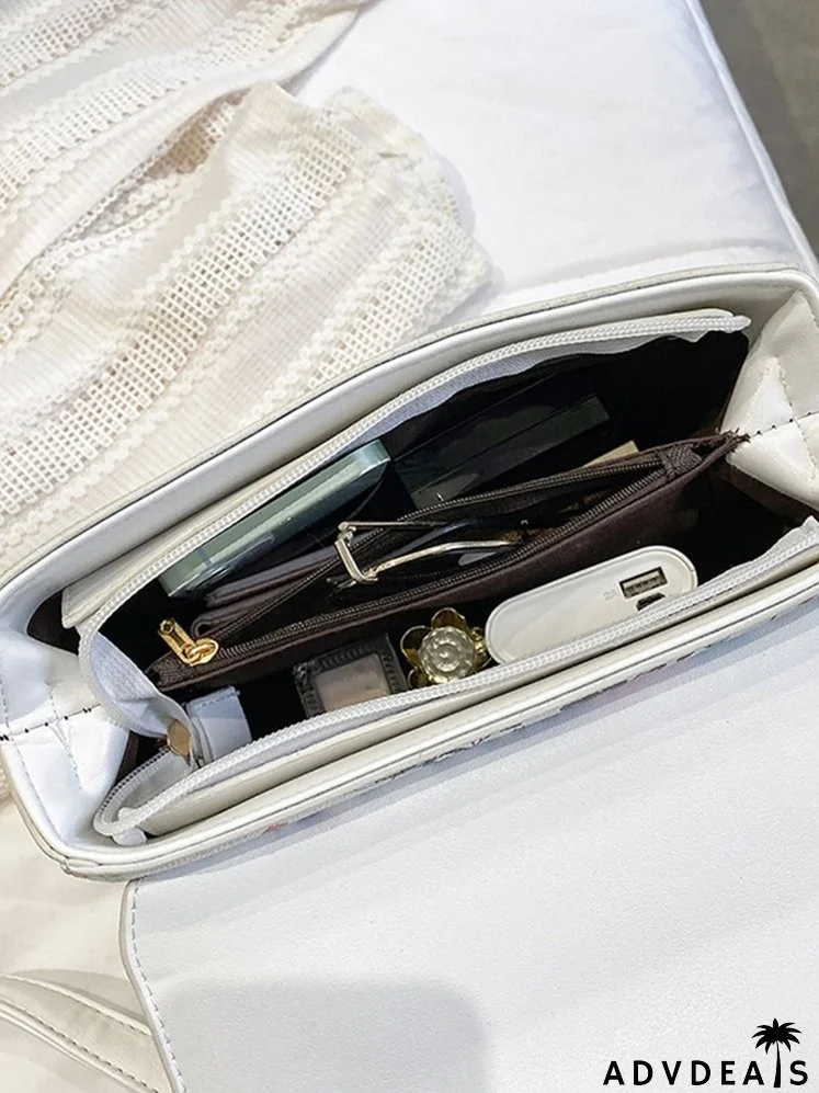 Floral Metal Decor Flap Satchel Bag