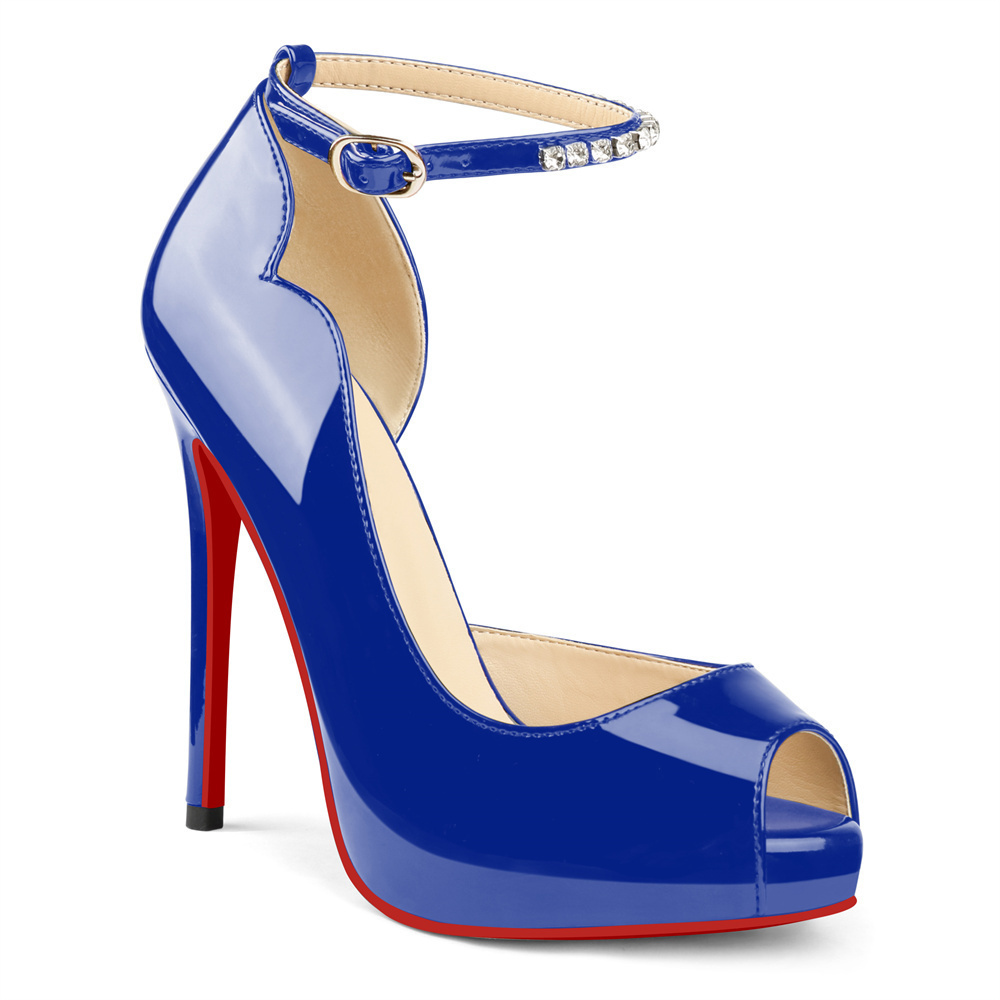 120mm Red Bottom Elastic Strap Slingback Sandals Peep Toe Platform Stilettos Black Patent Heels-MERUMOTE