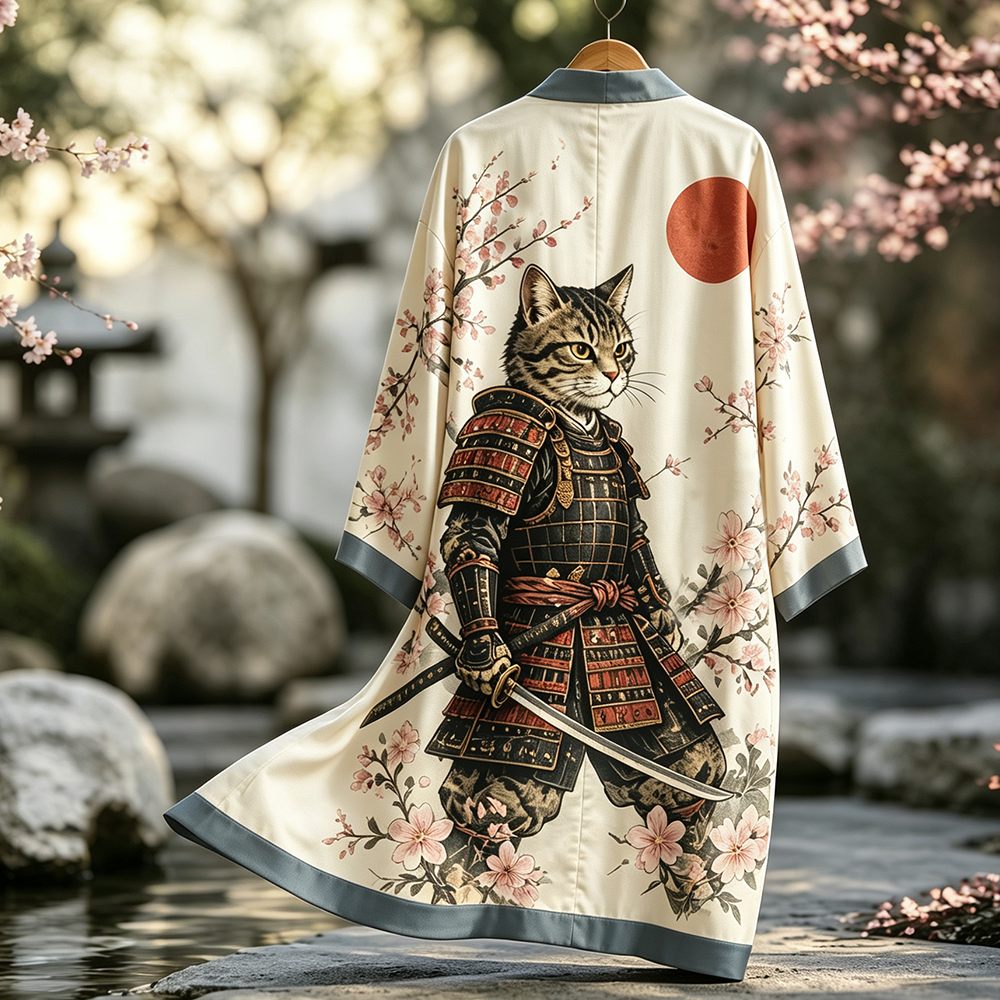 Men's Button-up Short-sleeve Shirt With Samurai Cat And Cherry Blossom Graphic Print  artssus
