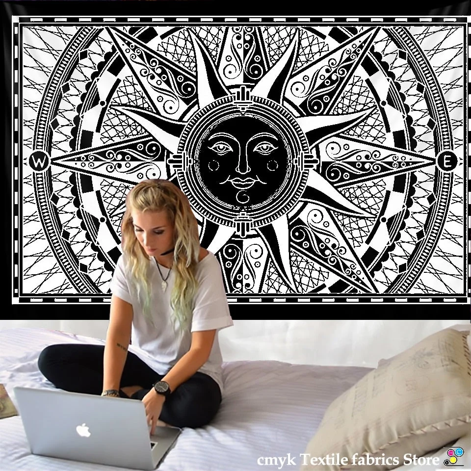 White Black Sun Moon Mandala Tapestry Wall Hanging Celestial  Hippie  Carpets Dorm Decor Psychedelic Witchcraft Halloween
