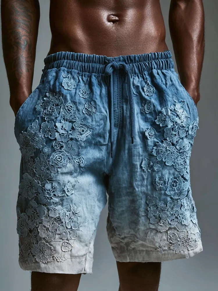 Men's Lace Flowers Embroidered Gradient Linen Shorts