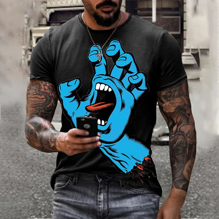 Cartoon Comics Giant Hand Print Short Sleeves Men's Casual T-shirts at Hiphopee