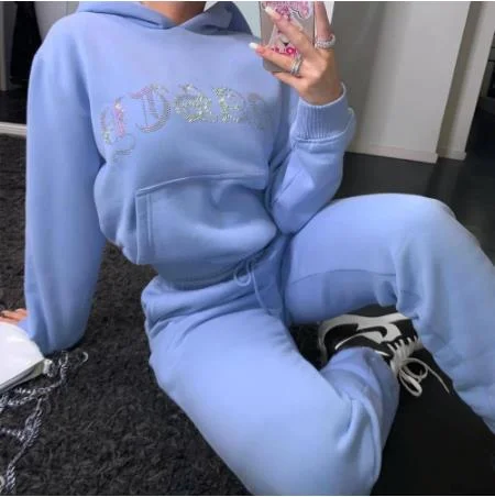 E-girl Women Elegant Solid Hoodie Set Sweatshirts And Long Pant Y2K Fashion TwoPiece Sets Ladies Joggers Sport Hooded Sweatsuits