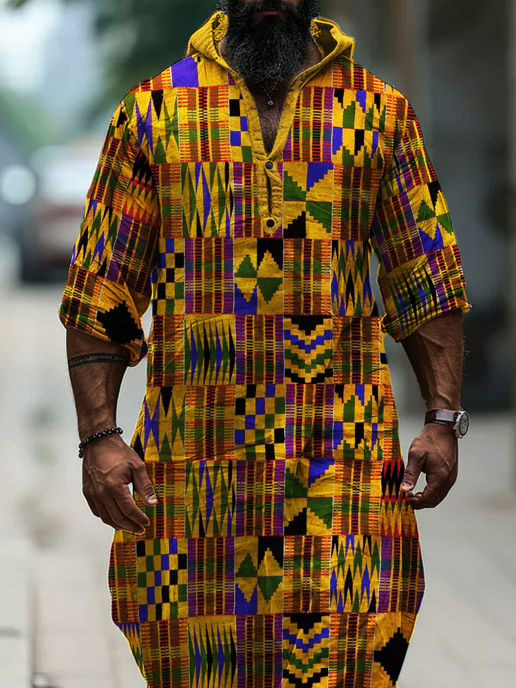Men's African Ethnic Kente Pattern Hooded Linen Long Tunic