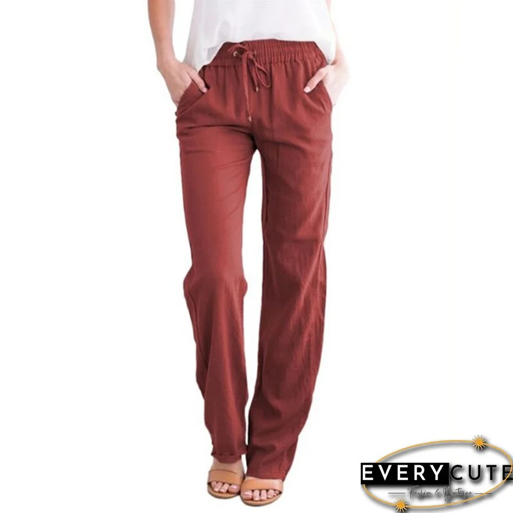Summer Women's Cotton Linen Drawstring Loose Wide-Leg Pants Hot Sale Long Trousers With Pocket