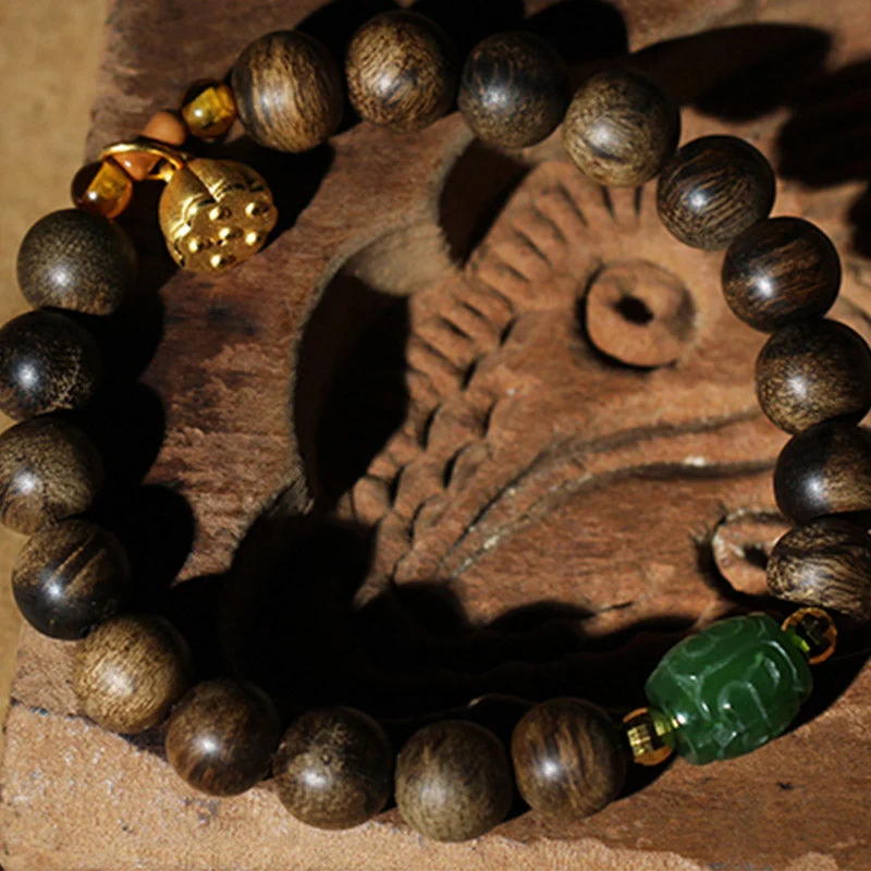 999 Gold Brunei Agarwood Cyan Jade Lotus Flower Peace Strength Bracelet