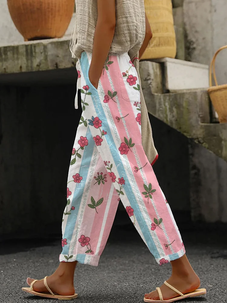 VChics Floral & Stripe Pattern Printed Women's Linen Trousers